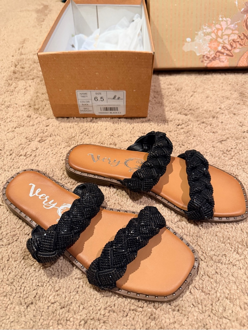 Very G Black Twisty Braided Double-Strap Slide Sandals NIB